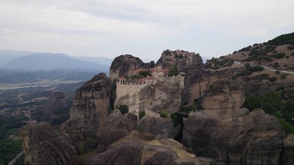 Aerial shot of the Monastery of Varlaam on the  Meteora rock formation in Greece