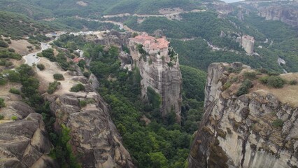 Aerial shot of the Monastery of Varlaam on the  Meteora rock formation in Greece