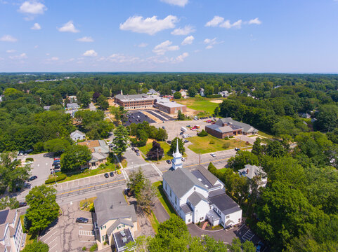 Hampton historic town center aerial view including First Congregational Church and Hampton Academy, Hampton, New Hampshire NH, USA. 