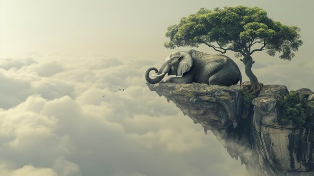Lonely elephant stands at the tree, symbol for: Patience, positive forces, a firm foundation, a long life, wealth, copy and text space, 16:9