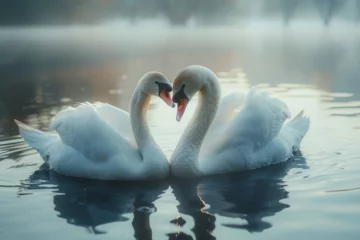 Fotobehang Two swans swimming in the lake © ananda