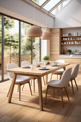 A dining room with Scandinavian design elements with light wood furniture and simple aesthetics.
