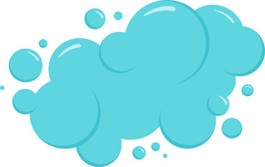 Cartoon foam, blue drop and cloud, soap bubble icon, water ball, bath shampoo suds. Wash, laundry, clean underwater. Soda, carbonated fun illustration