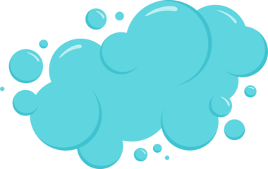 Cartoon foam, blue drop and cloud, soap bubble icon, water ball, bath shampoo suds. Wash, laundry, clean underwater. Soda, carbonated fun illustration