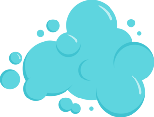 Cartoon foam, blue drop and cloud, soap bubble icon, water ball, bath shampoo suds. Wash, laundry, clean underwater. Soda, carbonated fun illustration
