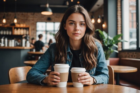 Young brunette girl drinking coffee in her break time in a coffee shop