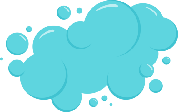 Cartoon foam, blue drop and cloud, soap bubble icon, water ball, bath shampoo suds. Wash, laundry, clean underwater. Soda, carbonated fun illustration