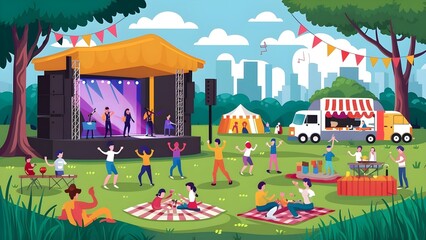 Music festival, open-air concert with outdoor stage, live performance, dancing people in nature, food trucks and tents. Summer public entertainment party, picnic in park. Flat vector illustration