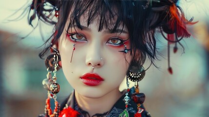 Close up of asian woman face with crazy punk style AI generated image