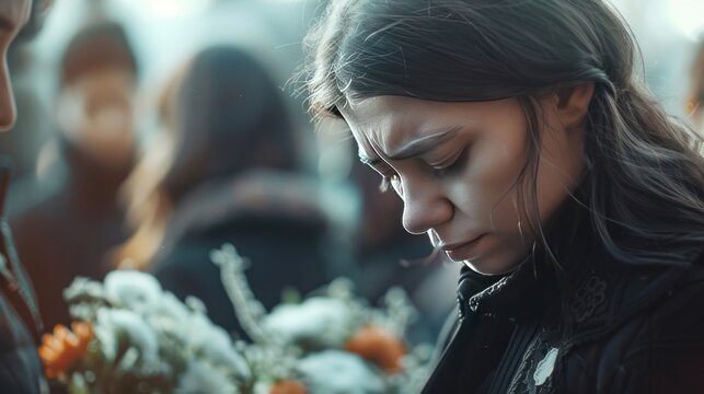 Close-up of sad woman facial expression at funeral AI generated image