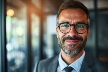 A man wearing glasses and a suit smiling