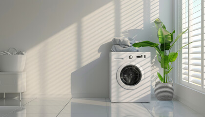 A small, cozy kitchen with a white washer and dryer, a potted plant, and a rug by AI generated image