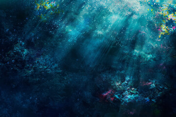 Fototapeta na wymiar Painting depicting sunlight filtering through the depths of a blue ocean
