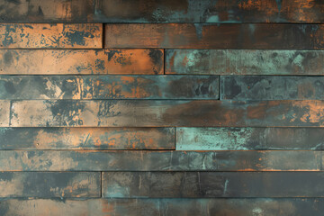 Detailed view of a brick wall with patches of green and gold paint colors