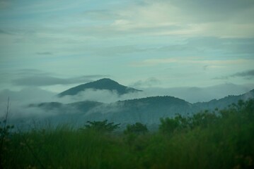 Beautiful landscape of mountains on a cloudy day in Jhargram, West Bengal, India