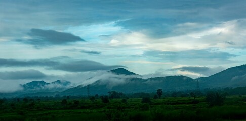 Beautiful landscape of mountains on a cloudy day in Jhargram, West Bengal, India