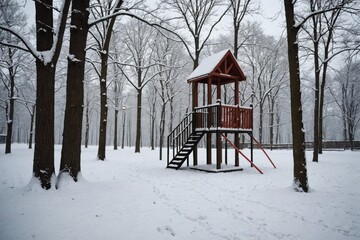 Snow-covered playground in winter