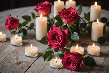 Red and pink roses on a table with candles