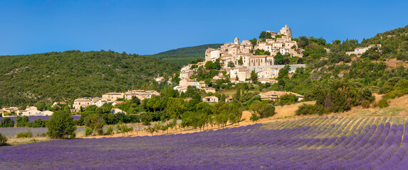 The Provence hilltop perched village of Simiane-la-Rotonde in summer with lavender filed. Alpes-de-Hautes-Provence, France - 774106846