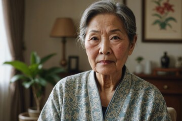 A medium shot of an elderly Asian wife at home