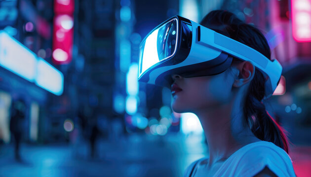 A woman wearing a virtual reality headset is looking at a cityscape by AI generated image