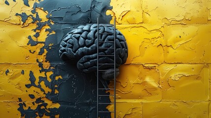 Brain halves divided by ladder on yellow backdrop