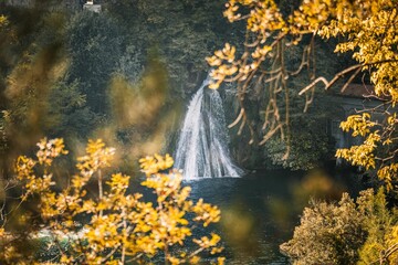 Scenic distant shot of a waterfall and bright yellow leaves of autumn trees before it