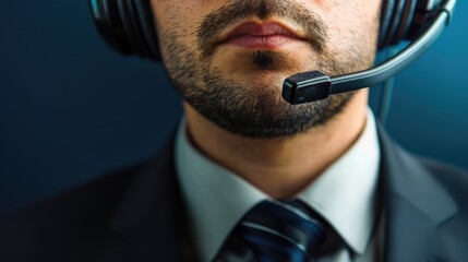 Naklejka premium A detailed capture focusing on the professional headset worn by a call center agent, highlighting work communication