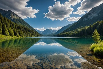 Tranquil lake surrounded by forest and mountains and cloud formations overhead