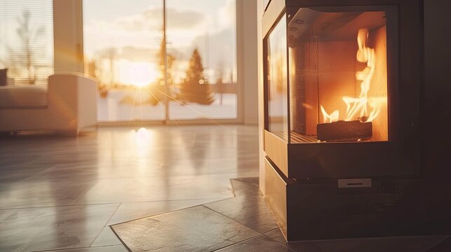 The warm ambience is conveyed in this modern home interior with a sleek fireplace and sunlight streaming in