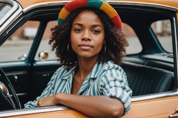 Positive young African American female in colorful striped hat sitting behind wheel of old car and looking away