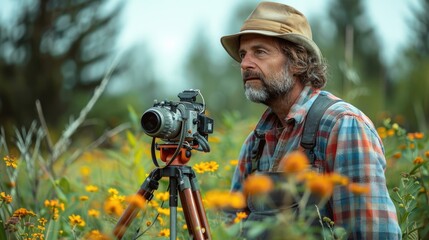 Man setting up camera in meadow - obrazy, fototapety, plakaty