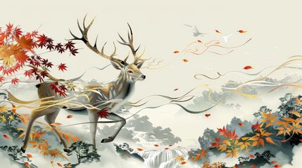 Artistic mythical deer in an autumn landscape