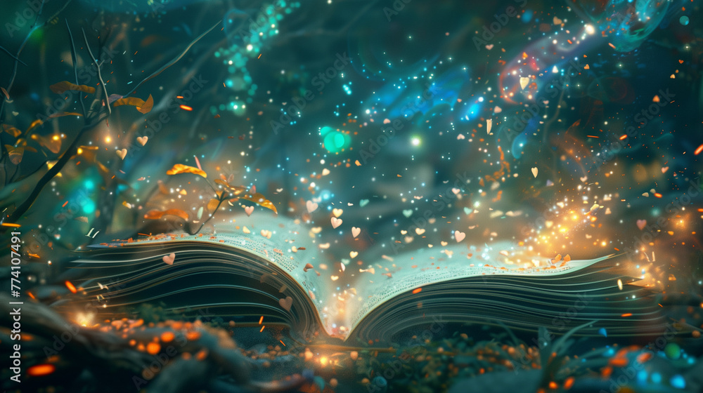 Poster an open book with pages turning, surrounded by glowing particles and magical symbols; an enchanted f
