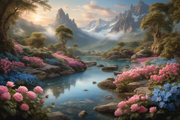fantasy landscape with flower and river