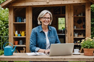 Smiling mature woman using laptop while standing in garden shed