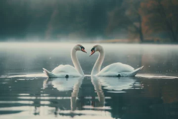 Fotobehang Two swans swimming in the lake © ananda