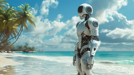 Fototapeta na wymiar Robot ciborg on the beach banner