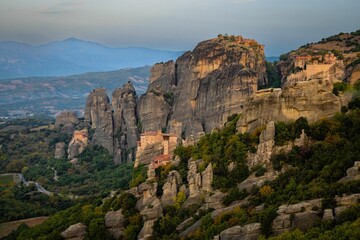 Aerial view of the historic Meteora Rocks in the mountains of Kalabaka, Greece