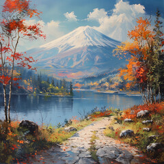 Fototapeta premium Oil painting on canvas of mount fuji. Modern art paintings brush stroke.