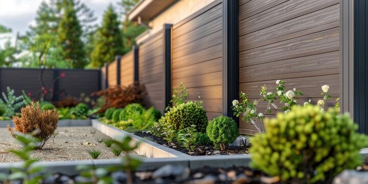 A modern backyard with wooden fence