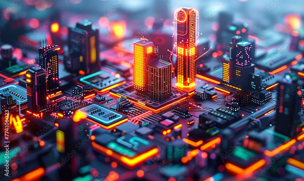 Poster illustrative concept of full stack development in technology with microchip cityscape representing s