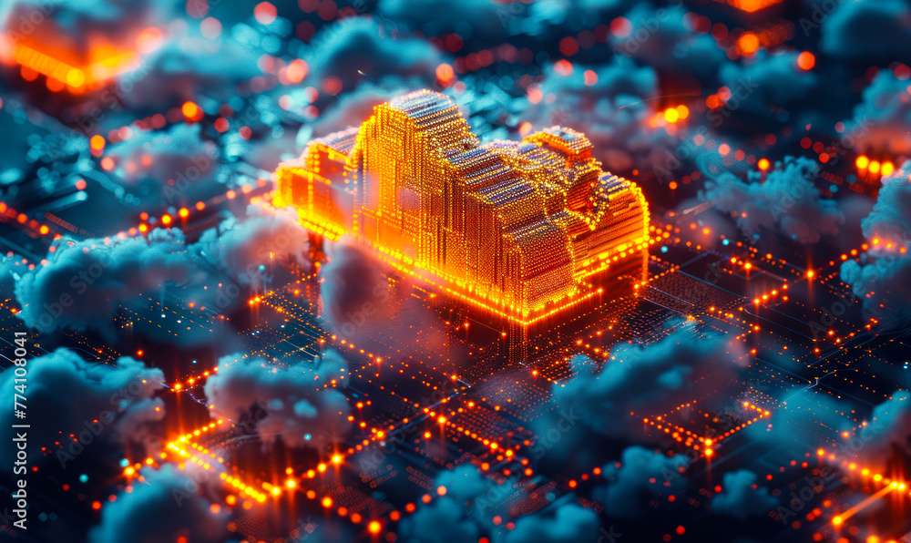 Poster futuristic visualization of serverless computing infrastructure highlighting faas in a digitally con