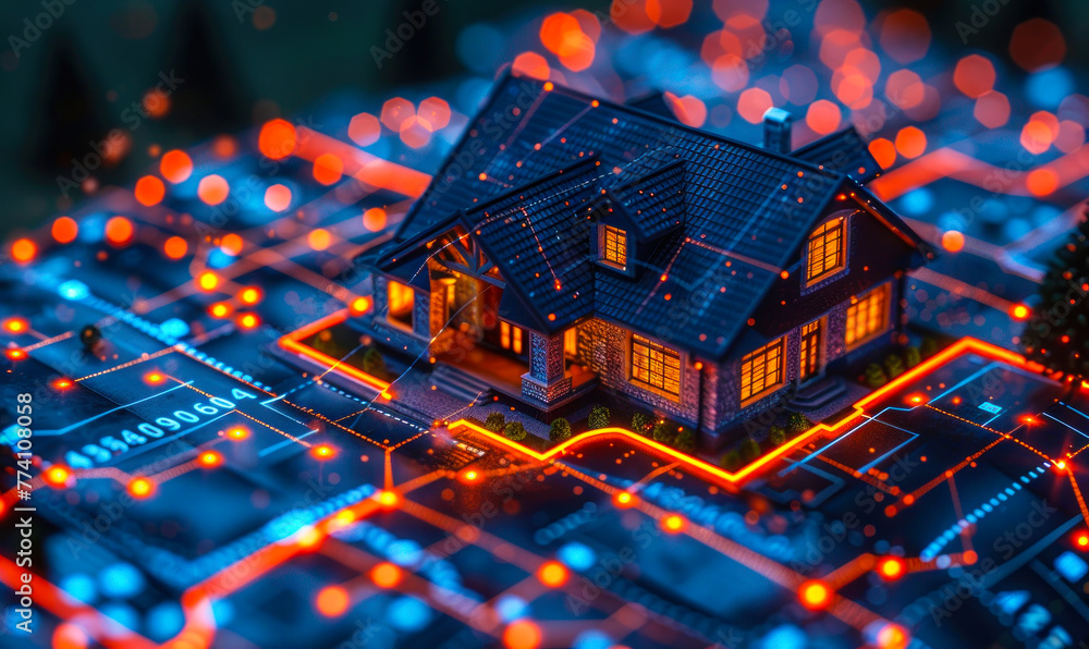 Poster smart home connected to digital security systems, analyzing data to detect potential threats and sus