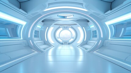 Spaceship corridor. Futuristic tunnel with light, interior view. Future background, business, sci-fi or science