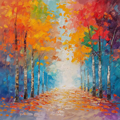 Oil painting Landscape with colorful autumn forest
