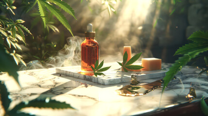 A bottle for cosmetic product on an elegant marble table, surrounded by leaves and soap bars, for advertisement or promotion of cosmetic product.