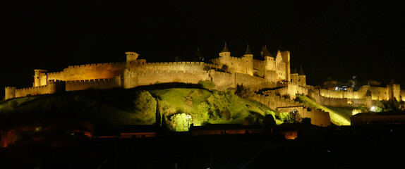 Night lights on the ramparts  and castle towers of medieval Carcassonne