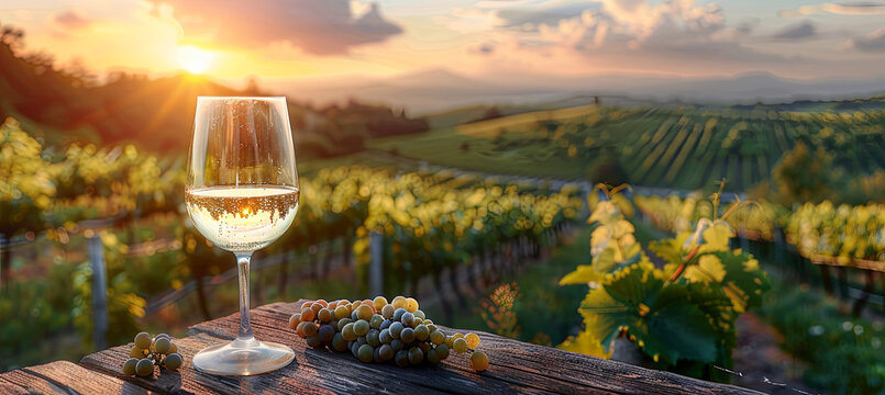 glass of wine on the  Grape plantations backgroud
