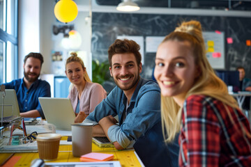 Obraz premium A gathering of individuals working on laptops at a table in a group setting